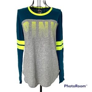 PINK Victoria’s Secret Long Sleeve Logo Top with Sleeve Stripes Size Small